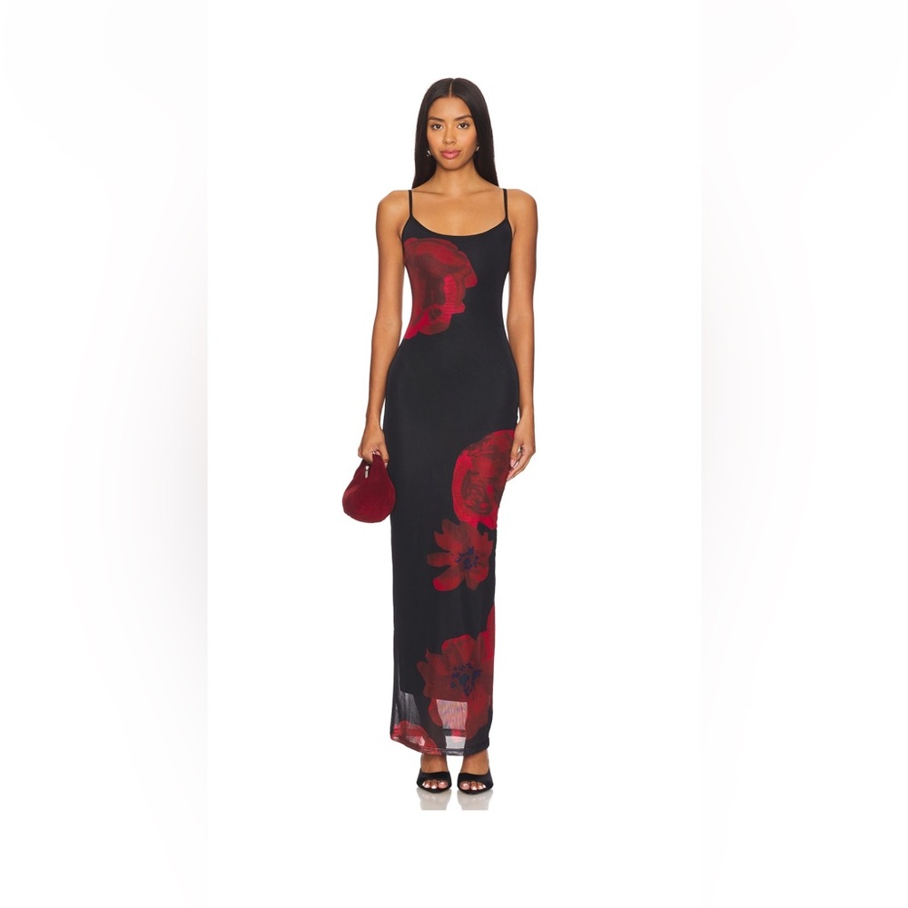 Superdown Black Maxi Dress with Red Floral Design